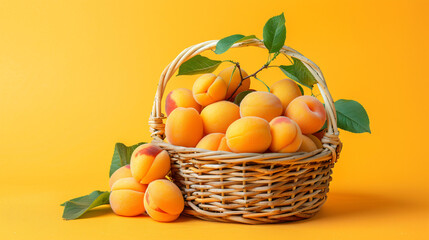 Basket with sweet apricots on orange background