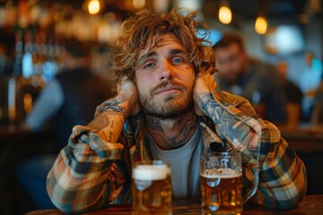 Obraz premium A forlorn-looking man with tattoos and disheveled hair at the bar with two glasses of beer