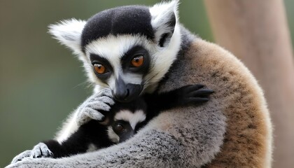 A Lemur With Its Tail Wrapped Around Another Lemur