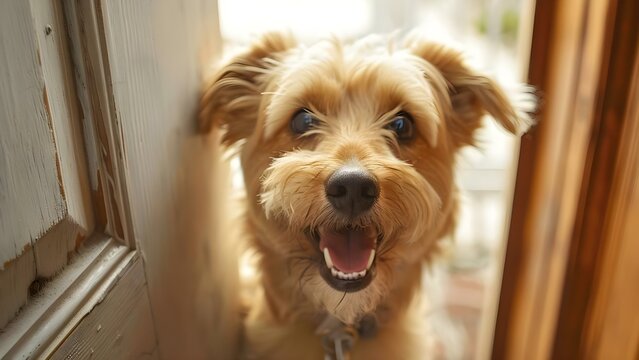 Dog excitedly greeting owner at door captured on camera. Concept Dog behavior, Homecoming, Pet photography - Powered by Adobe