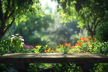 The wooden table in the park surrounded by lush greenery and flowers in the garden offers a tranquil escape, Sharpen 3d rendering background
