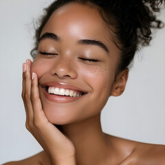 Obraz premium Beautiful young black woman with clean fresh skin, Model with healthy and shiny skin, close up portrait, beauty and spa.