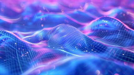 Waves flow seamlessly in the Background, with cyan blue and purple grids blending into a soothing abstract backdrop, Sharpen 3d rendering background