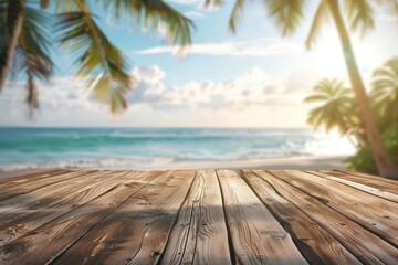 Fototapeta premium Wooden table with a blur tropical beach in the background creates a serene setting for a summer holiday, Sharpen 3d rendering background