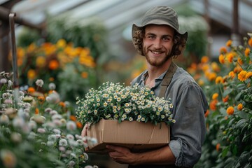 Smiling young man with curly hair holding a crate of white flowers in a greenhouse garden