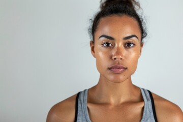 Natural-looking woman with a neutral expression and casual tank top in a simple headshot