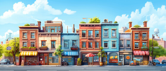 A vibrant and detailed illustration of a street lined with shop buildings, conveying a sense of community and commerce.