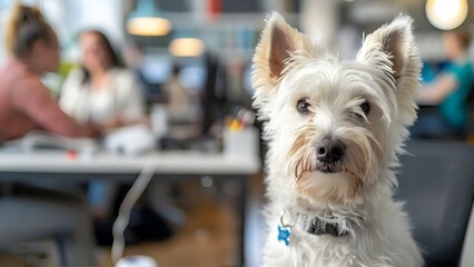 West Highland White Terrier surrounded by people working in an office. Concept Pets in the Workplace, Office Culture, Cute Canines at Work, Playful Pups, Dog-Friendly Offices