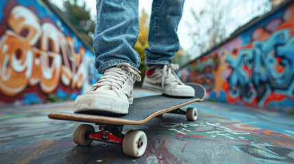 A skateboarder riding their board with a graffiti wall in the background, captured from a low angle view.