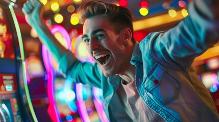 Obraz premium Dynamic image of a person with both arms up, rejoicing a win in a casino, surrounded by gaming lights