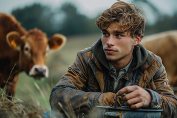 A thoughtful youthful farmer gazes into the distance near a cow, embodying the contemplative nature of farm life