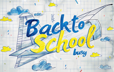 Hand drawn paper airplanes flying around the words "Back to School" on a graph whiteboard background vector illustration