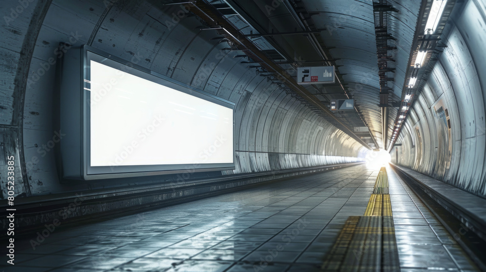 Poster An empty modern subway tunnel with a blank advertising billboard, waiting to be branded, devoid of any commuters passing through.