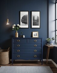Mock-up frame in dark blue home interior with chest of drawers and decor, 3d render