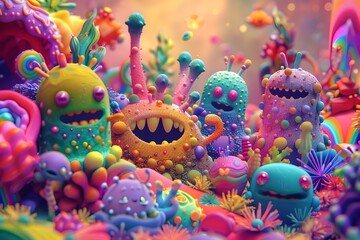 Joyful Laughter of Whimsical Creatures in a Vibrant Rainbow hued 3D Animation