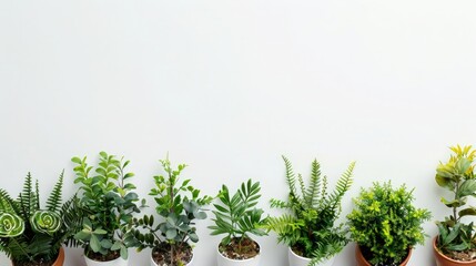 Border of artificial plants in pots on white background with empty space, top view