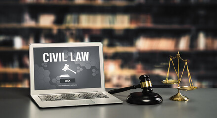 Civil law savvy information showing on laptop computer screen for Common Justice Legal Regulation...