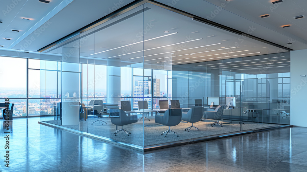 Poster the design and layout of modern business office workplaces, characterized by glassed partitions crea