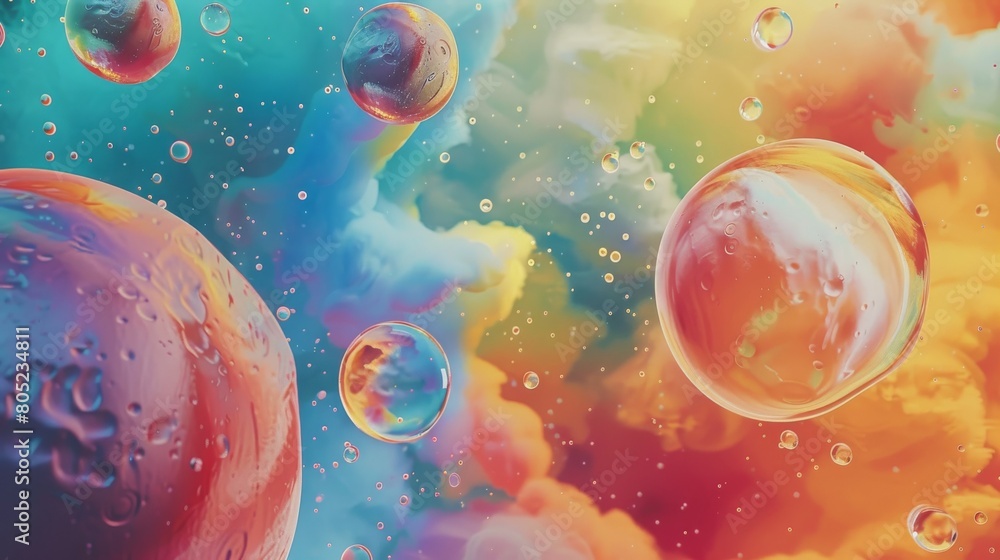 Aufkleber This striking image captures colorful bubbles floating in a fluid with a lively, abstract backdrop