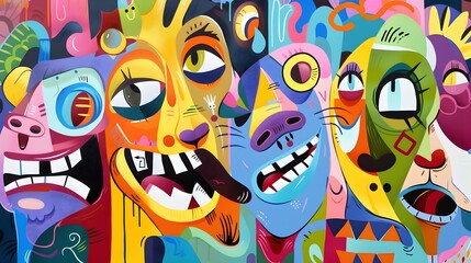 Mischievous Cartoon Animal Friends Gossiping in Vibrant Abstract Painting