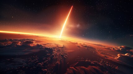 Showcasing a dramatic comet descending into a twilight zone behind icy mountain peaks, it evokes the fleeting moments in life and nature's grandeur