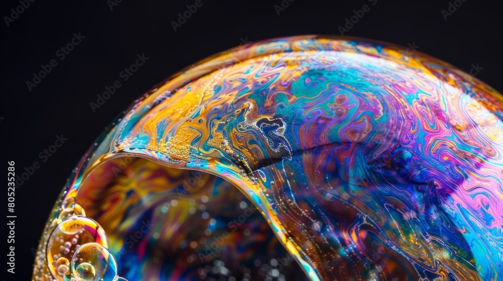 Poster This macro shot reveals the intricate swirling patterns of a soap bubble, displaying a kaleidoscope of colors and reflective surfaces