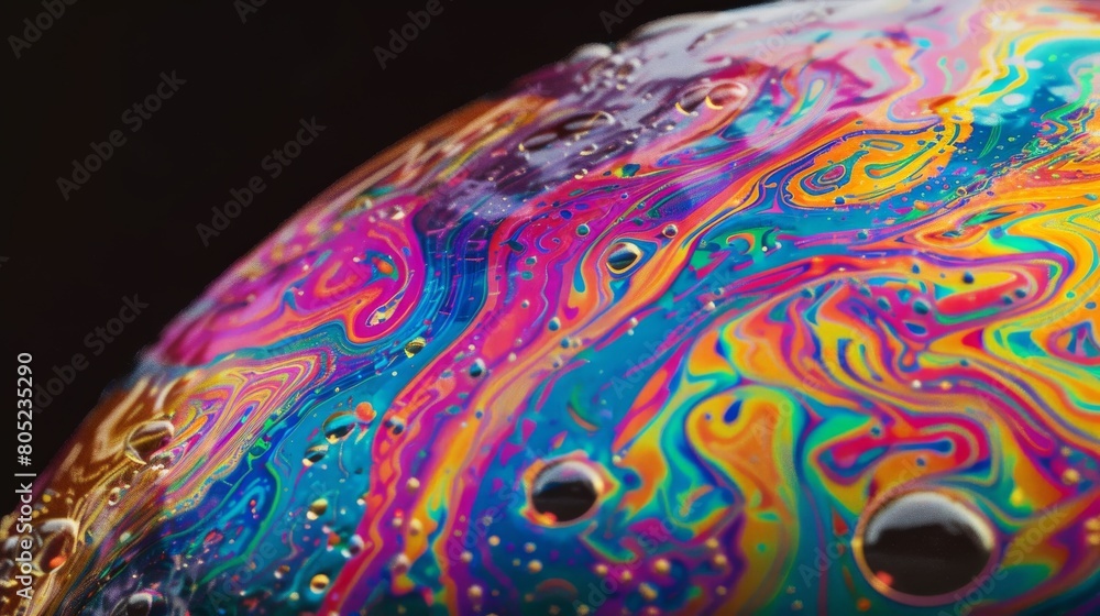 Poster Macro photography of a soap bubble reflects swirling colors on a dark background, showing patterns and texture