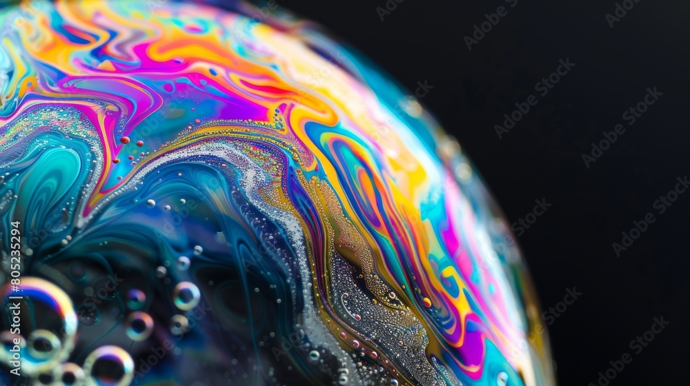 Aufkleber A closeup view of the vivid swirling patterns on the surface of a soap bubble, emblematic of beauty in simplicity and complexity