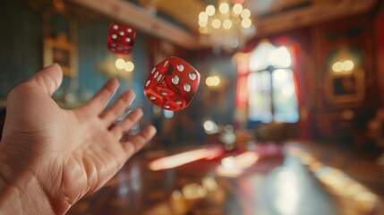 High stakes gambling with a red dice mid-air, thrown by a hand in a lavish casino interior, capturing the moment of chance - Powered by Adobe