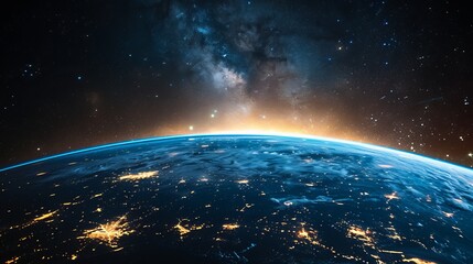 Obraz premium A breathtaking image of the planet Earth from space with city lights illuminating the night, showcasing beauty from beyond our atmosphere