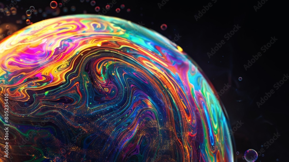 Poster Close-up image showcasing the psychedelic colorful patterns seen on the surface of a soap bubble