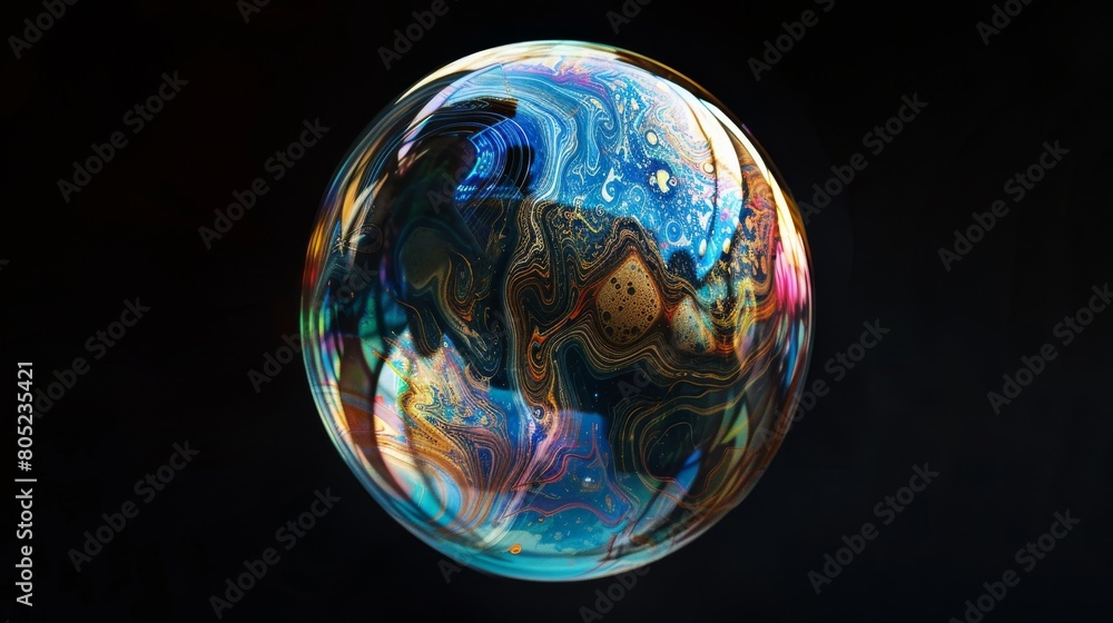 Poster strikingly vibrant and detailed image of a soap bubble isolated on a black background, highlighting 