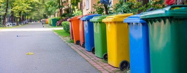 A row of colorful recycling bins on a paved suburban street, promoting environmental cleanliness.