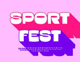 Vector colorful emblem Sport Fest. Trendy 3D Font with Big Shadow. Bright Stylish Alphabet Letters and Numbers set.
