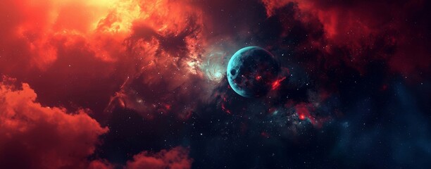 A captivating image of a mysterious blue planet surrounded by vibrant cosmic clouds in a dark space environment.