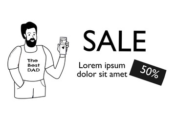 happy fathers day man with mobile phone doodle design, celebration banner for sale.