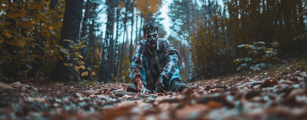 A menacing zombie crawling through an autumn forest, surrounded by fallen leaves.