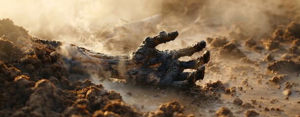 A charred, smoking log on a misty morning with glowing sunlight and textured earth.