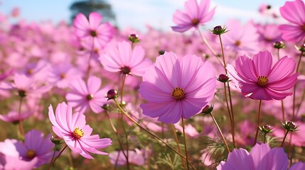A cluster of vibrant pink cosmos flowers in full bloom, their delicate petals dancing in the breeze.
