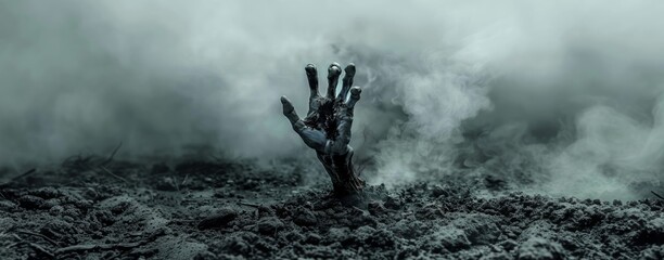 A spooky scene of a zombie hand rising from mist-covered ground, evoking horror and mystery.