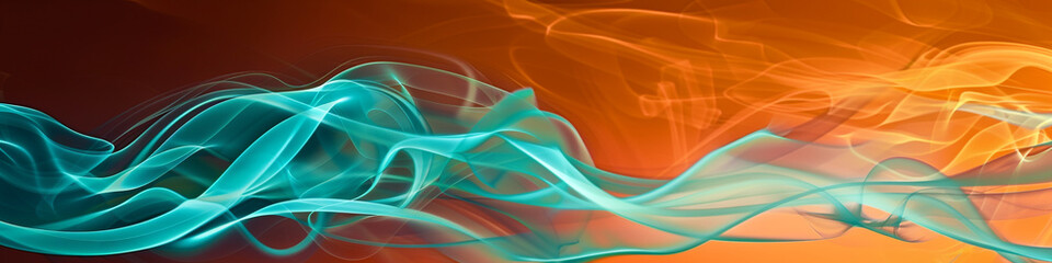 Radiant aqua smoke abstract background flows gently over a dark orange background.