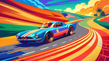 Obraz premium A vibrant and eye-catching vintage-inspired design featuring a racing car drifting around an American flag. The car is adorned with patriotic colors and leaves a trail of smoke as it navigates 