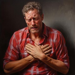 An individual holding their chest in distress, a potential sign of heart conditions like angina or a heart attack
