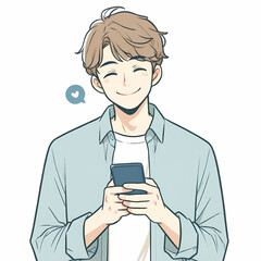 スマートフォンを見て嬉しそうに微笑む若い男性