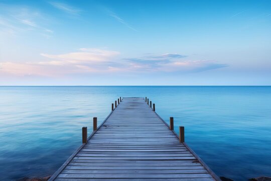 Fototapeta A serene coastal scene with a single wooden pier extending into a calm ocean at dawn, space for text