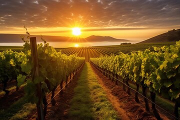Fototapeta premium A scenic vineyard landscape at sunrise, with rows of grapevines stretching into the distance