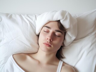 A person lying in bed with a cold compress on their forehead, symbolizing fever reduction and selfcare at home