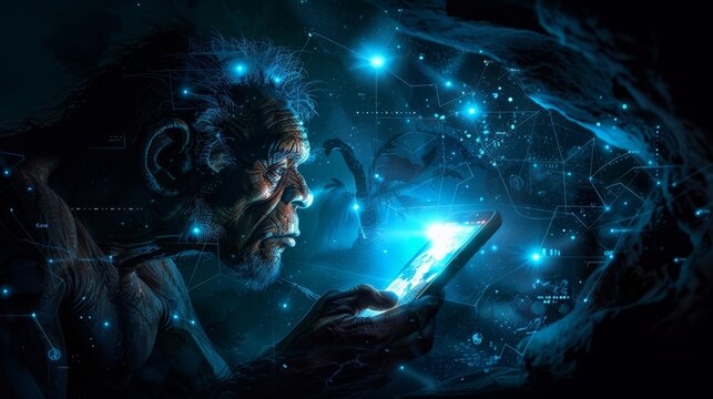 Primitive man embracing technology  caveman with smartphone symbolizes technological advancements