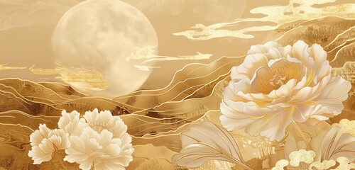 A luxurious oriental-style background featuring intricate peony flowers, a golden moon, and elegant...