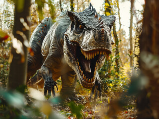 Giant dinosaur model in the forest, with sharp teeth and long legs, surrounded by trees and shrubs. The scene is captured from an ultrawide angle to capture its entire body. 
